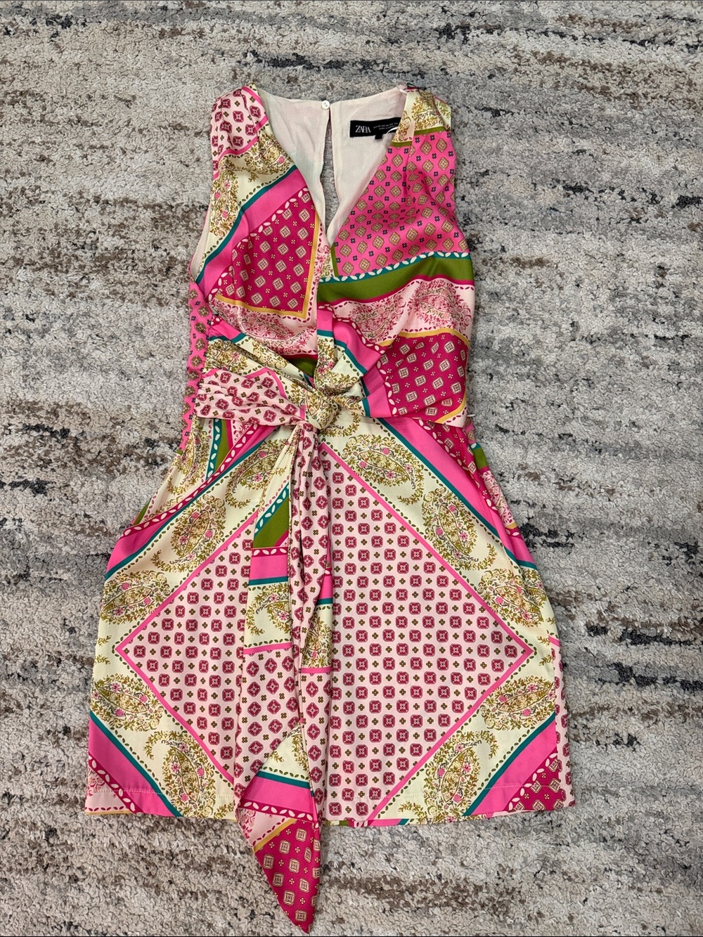 Zara Pink Multicolor Printed Tie-Waist Mini Dress